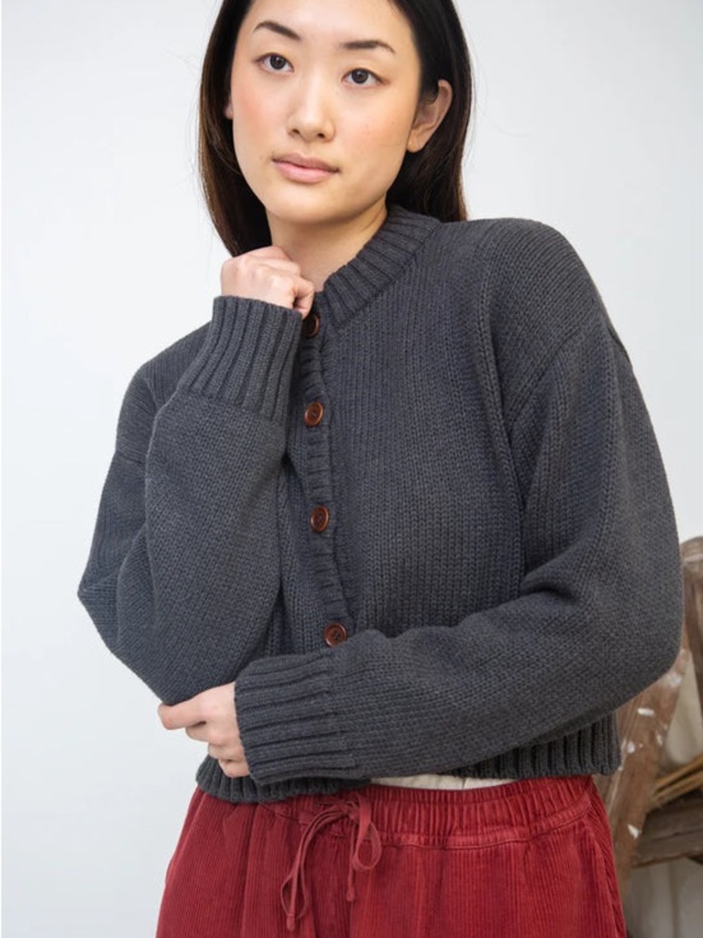 BNWT Beaumont Organic Cotton Charcoal Knit Button-Front Cardigan Sweater